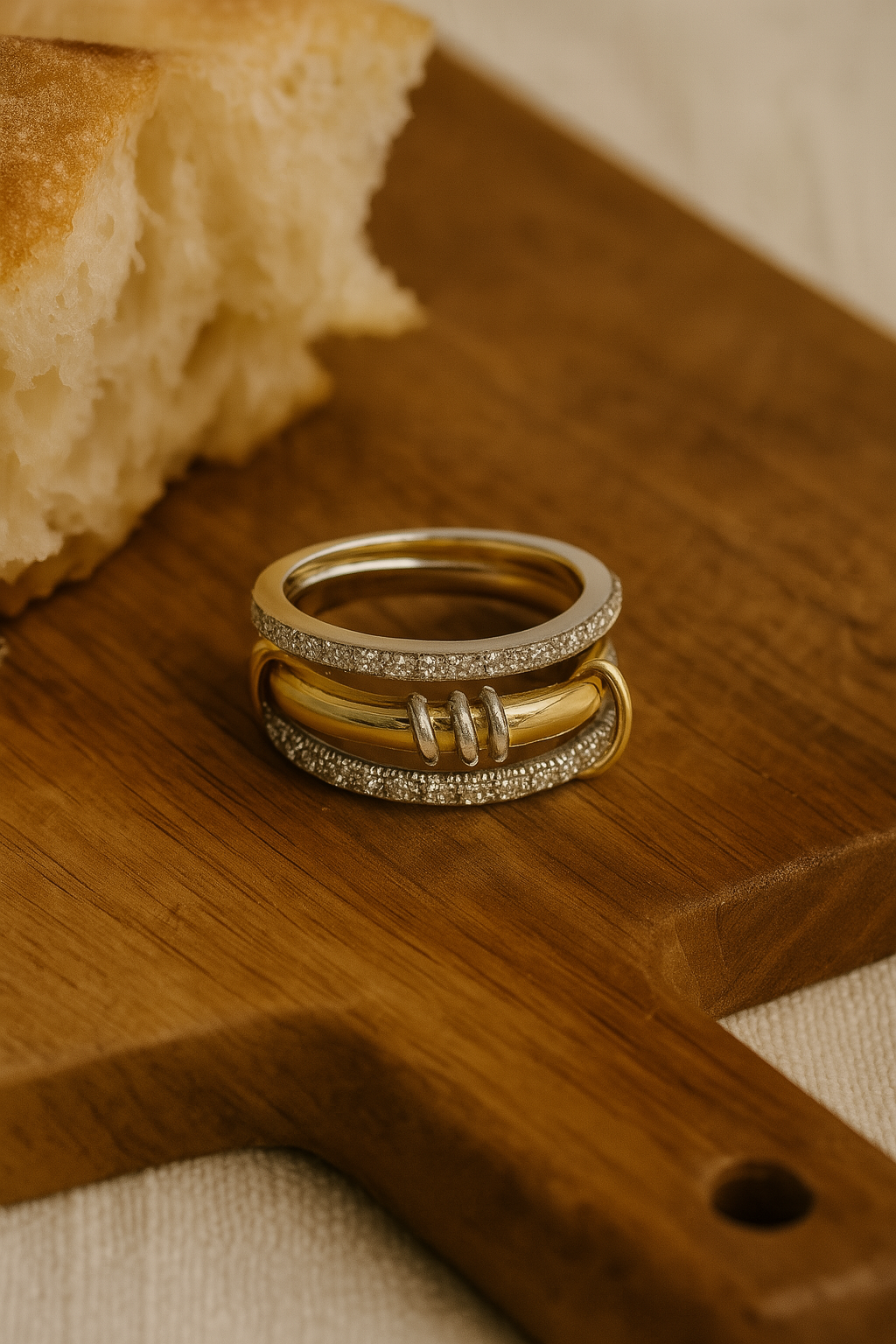 Close-up of titanium ring trio on wood cutting board – minimalist summer rings